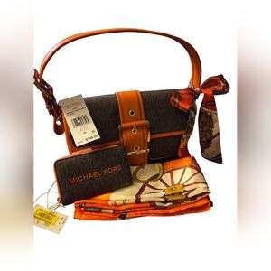Michael Kors Brown and Orange Shoulder Bag & Wallet Set